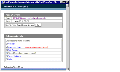 A sample collapsed debugging output using the dockable.cfm debugging output format