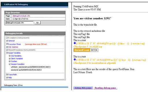 The dockable.cfm output format contains an Application page and Debug pane features