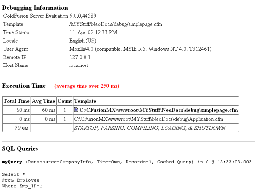 Sample debugging output using the classic output format