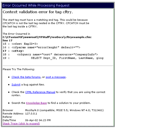 A ColdFusion diagnostic error message
