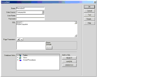 The Dreamweaver MX Advanced Recordset dialog box