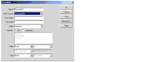 The Dreamweaver MX Simple Recordset dialog box