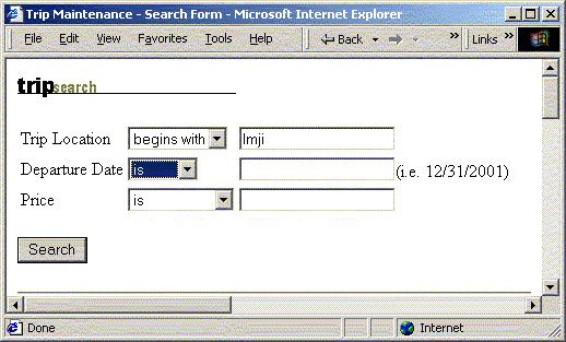The Trip Search page showing the search criteria