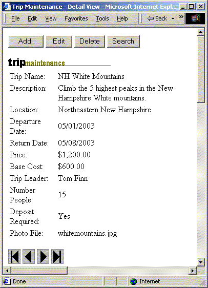 Image shows picture of Trip Maintenance page.