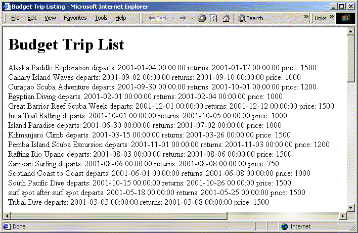 This image shows a picture of the revised unformatted Budget Trip List page.