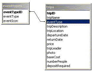 This image shows the relationship between the eventtypes table and the trips table.